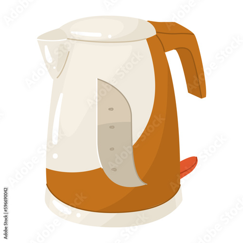 Plastic two-color electric kettle with water volume indicator. A device for boiling water and keeping beverages warm. Vector illustration. Isolated object on white background.