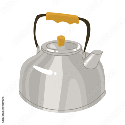 Metal teapot with wooden handle for boiling water on the stove and making tea. A device for boiling water and keeping beverages warm. Vector illustration. Isolated object on white background.