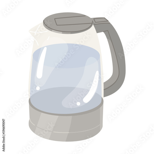 Glass electric kettle with water. A device for boiling water and keeping beverages warm. Vector illustration. Isolated object on white background.