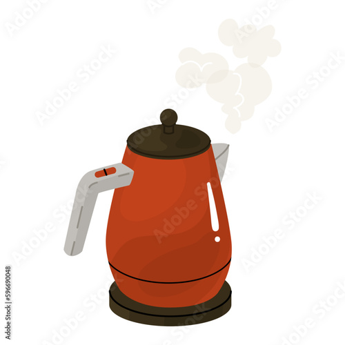 Red pot-bellied electric kettle with clouds of steam. A device for boiling water and keeping beverages warm. Vector illustration. Isolated object on white background.