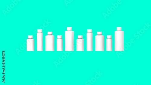 White cosmetic bottles isolated on green background. Packaging of cosmetics. Ten containers for cosmetics. Horizontal image. 3d image. 3D visualization.