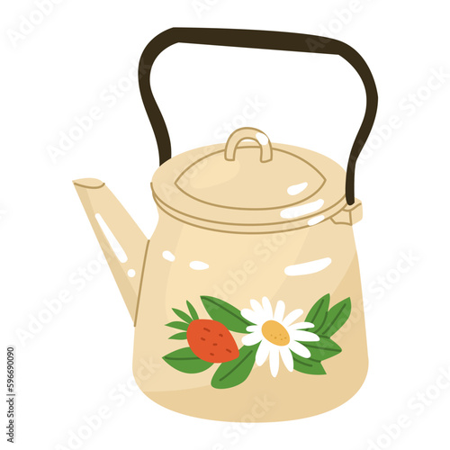 Metal enameled teapot depicting flowers and berries. A device for boiling water and keeping beverages warm. Vector illustration. Isolated object on white background.