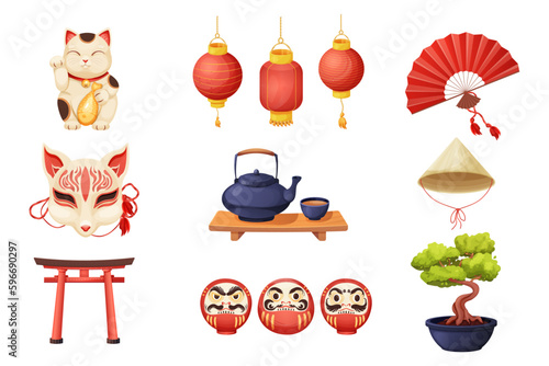 Set japanese kitsune mask, maneki neko cat, daruma doll with faces, kettle or teapot with cup on wooden table, hand fun, torii gate and conical bamboo hat in cartoon style isolated on white background
