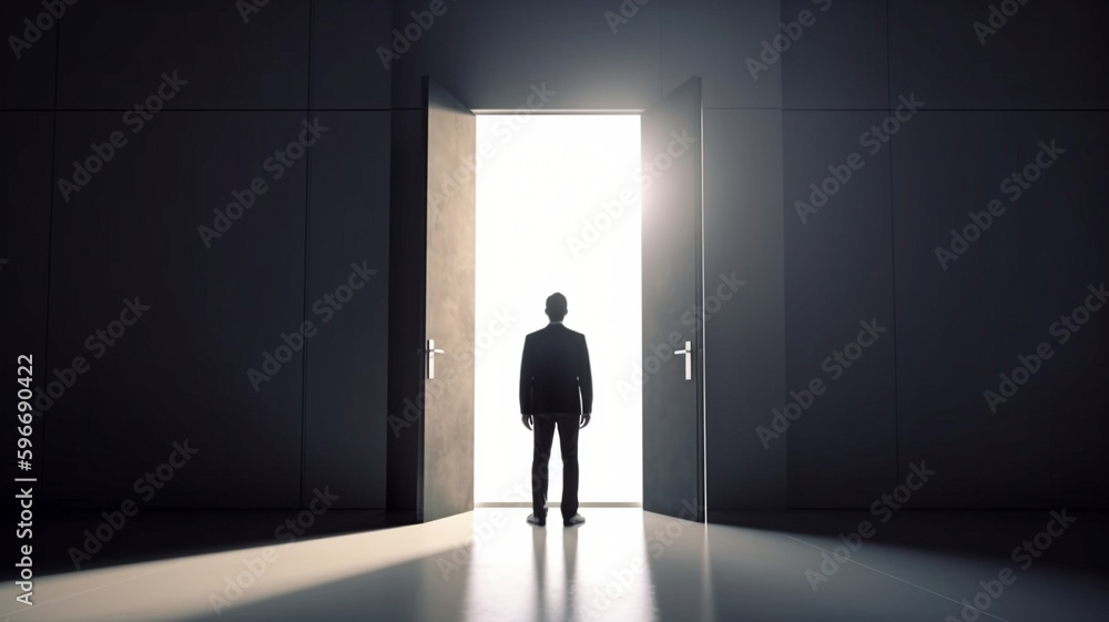 Fototapeta premium A businessman walks through the city's large entrance. AI generator