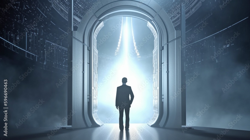 A businessman walks through the city's large entrance. AI generator