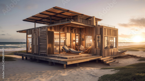 Eco-friendly beach cabin with a modern twist, featuring solar panels, reclaimed wood, and recycled materials. Generative AI © piai