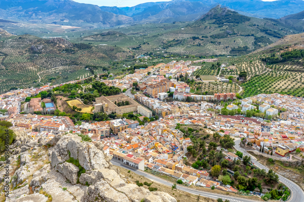 Panoramic city view from Medieval castle of Santa Catalina in sunny day in Jaen, Spain on April 6, 2023
