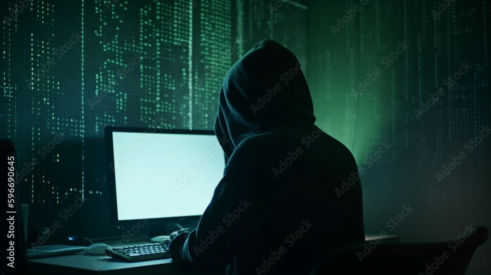 Website hacking, back view, dramatic lighting. AI generator Website hacking, back view, dramatic lighting. AI generator