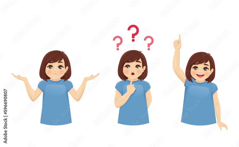 Smiling cute little girl thinking with opened mouth and making idea pointing up isolated on white background vector illustration Smiling cute little girl thinking with opened mouth and making idea pointing up isolated on white background vector illustration