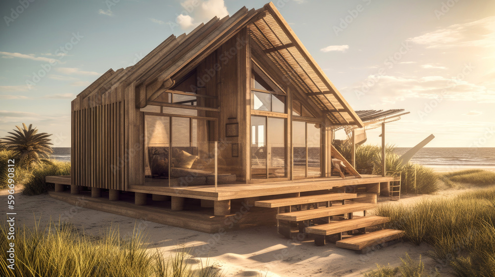 Eco-friendly beach cabin with a modern twist, featuring solar panels, reclaimed wood, and recycled materials. Generative AI