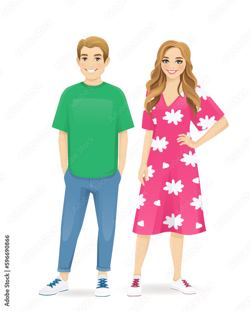 Young people in casual clothes. Smiling man and girl wear floral dress isolated vector illustration