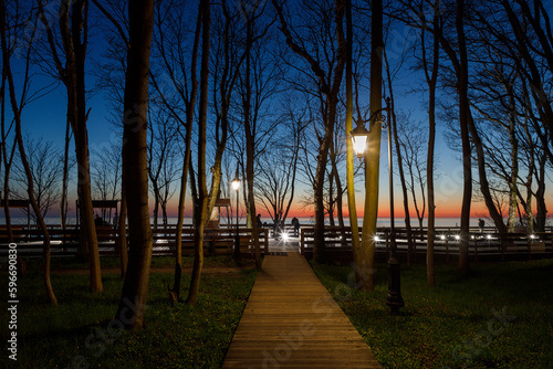 Alley in the public park of Yantarniy at the night, Russia