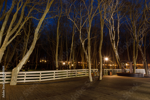 Wooden promenade in the public park of Yantarniy at the night, Russia