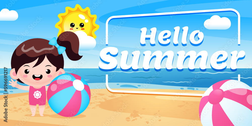 Happy Cute Girl Holding Beach Ball With Summer Greeting Banner Happy Cute Girl Holding Beach Ball With Summer Greeting Banner