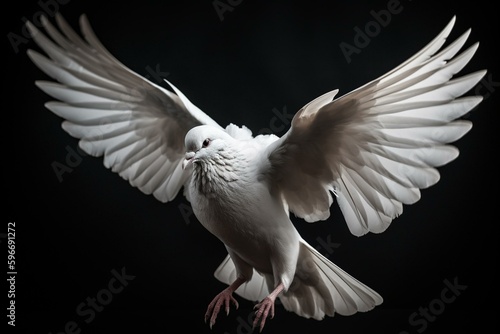 A white dove symbolizing peace, with wings spread, against a dark grey background. Generative AI © Elaria