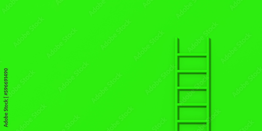 Green staircase on green background. Staircase stands vertically near wall. Way to success concept. Horizontal image. Banner for insertion into site. 3d image. 3D rendering.