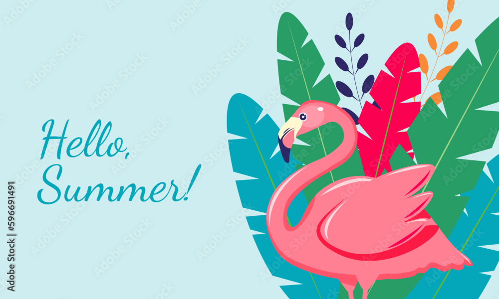 Summer background with flamingo and palm leaves. Hello summer Summer background with flamingo and palm leaves. Hello summer