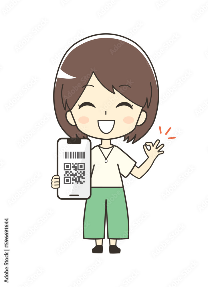 コード決済と女性のイラスト コード決済と女性のイラスト