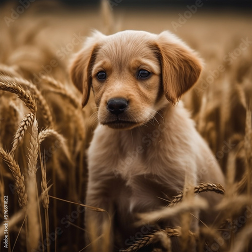 A Cute Golden Puppy in a Field of Wheat. Generative AI