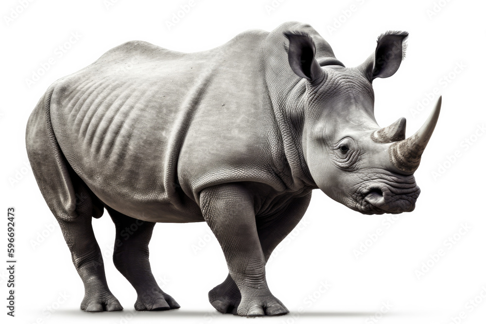 black rhino isolated on white. endangered species. AI generative image.