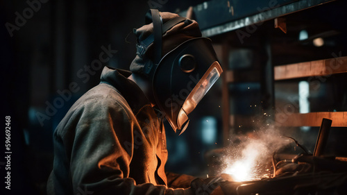 Men at work in factory welding steel, producing sparks, fire, and smoke; safety masks protect skilled craftsmen amid metalwork, construction, and manual labor, ensuring production and industry safety.