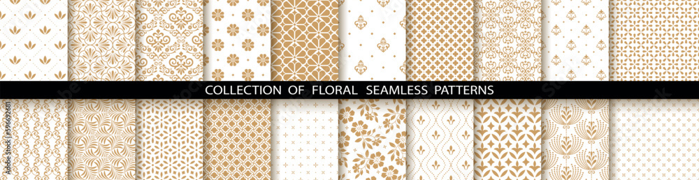 Geometric floral set of seamless patterns. White and gold vector backgrounds. Damask graphic ornaments
