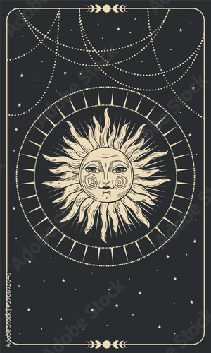Boho mystical vintage sun with face on black universe background, tarot cards, boho illustration, magic card. Vector hand drawing.