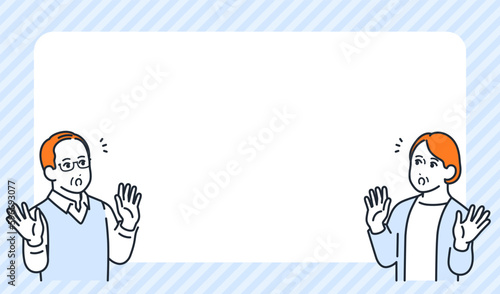 驚くシニア夫婦とストライプのフレームのシンプルなベクターイラスト素材