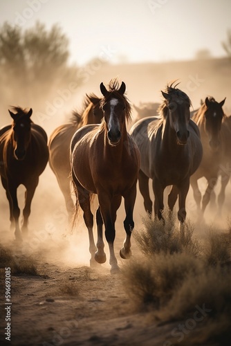 Group of horses galloping in the grassland, created with generative AI