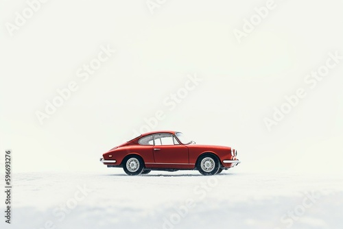 A solitary red car stands alone against a white background. Generative AI © Delphine