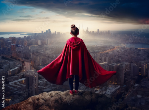 A little girl is wearing a red cape and is standing on the edge of a city rooftop. Generative Ai.  © Saulo Collado