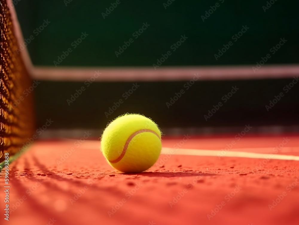 Auf einem roten Tennisplatz liegt ein Tennisball am Netz. Ki generiert