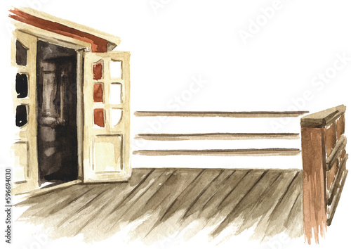 Cozy Cottage terrace with empty copy space.  Hand drawn watercolor illustration  isolated on white background