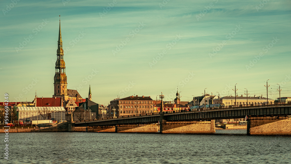 Riga, Latvia - Stone Bridge over Daugava river with old town in the background