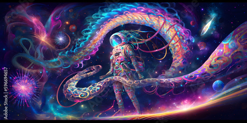 Fototapeta Naklejka Na Ścianę i Meble -  full length shot, tentacle helmet, fractal splattercore, space squid, holographic, metallic, galaxy fashion, Milky Way galaxy background, Spiraling, cosmic, shimmering, glittering, Generative AI