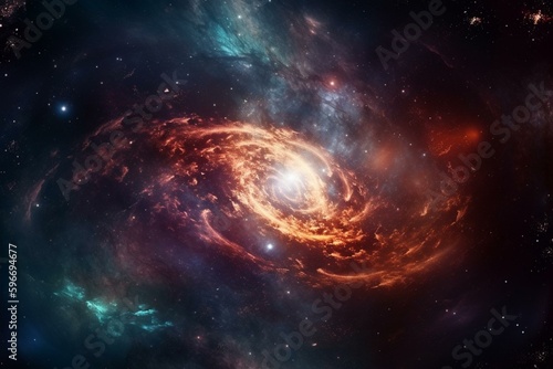Sparkling galaxy swirls rotating in fiery nebula. Generative AI