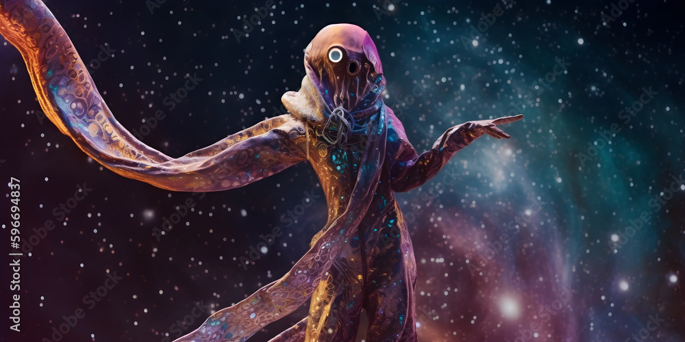 full length shot, tentacle helmet, fractal splattercore, space squid, holographic, metallic, galaxy fashion, Milky Way galaxy background, Spiraling, cosmic, shimmering, glittering, Generative AI full length shot, tentacle helmet, fractal splattercore, space squid, holographic, metallic, galaxy fashion, Milky Way galaxy background, Spiraling, cosmic, shimmering, glittering, Generative AI