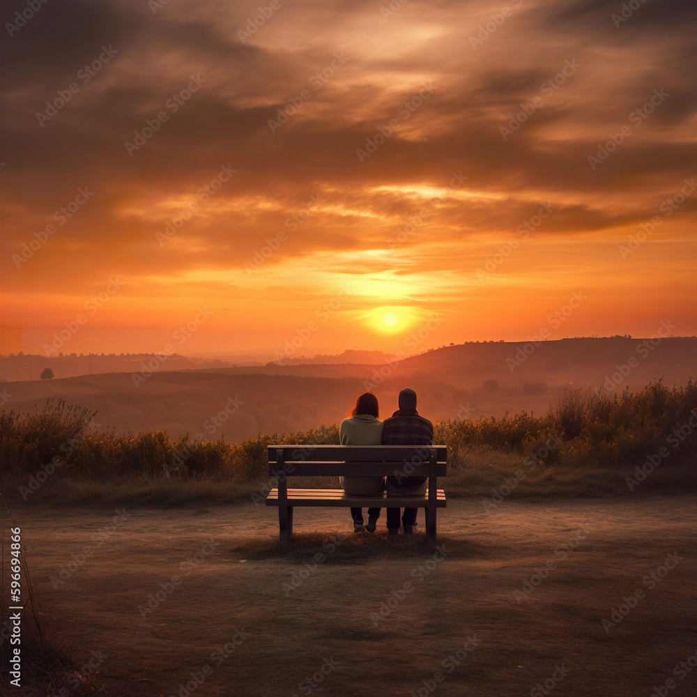 A couple sitting on a bench against a sunset background. A.I. generated. A couple sitting on a bench against a sunset background. A.I. generated.