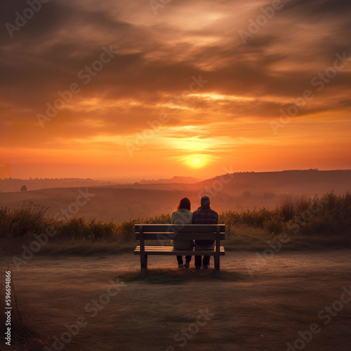 A couple sitting on a bench against a sunset background. A.I. generated.