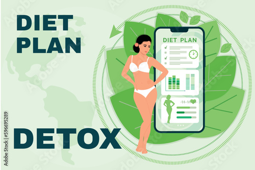 diet plan on the screen of a large smartphone, a girl with a good figure offers a detox site. Flat illustration, concept of healthy lifestyle, beauty.