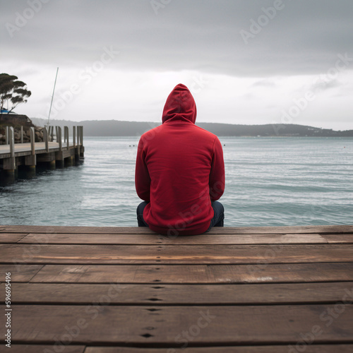 Young strong male man wearing a red hoodie sitting on a wooden pier looking into the distance. A.I. generated.
