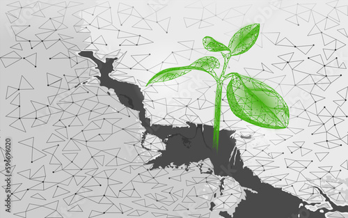 Plant sprout ecological abstract concept. 3D render seedling tree leaves. Save planet Earth nature environment grow life eco polygon triangles low poly vector illustration