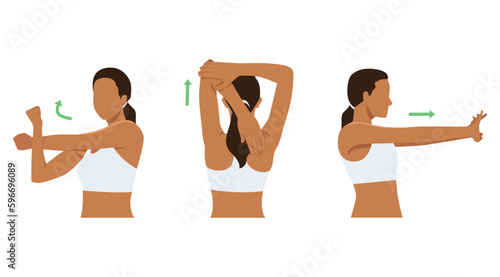 Woman stretching posture for aches treatment at shoulder, arm, neck and back. Flat vector