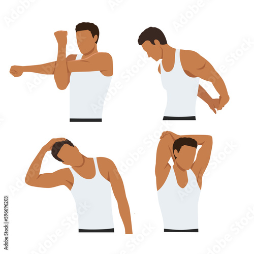 Man stretching her neck, arms and shoulders. hand. Flat vector