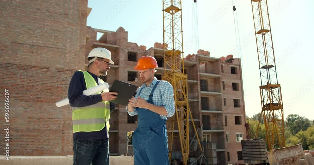 Engineer and worker looking at notepad at construction
