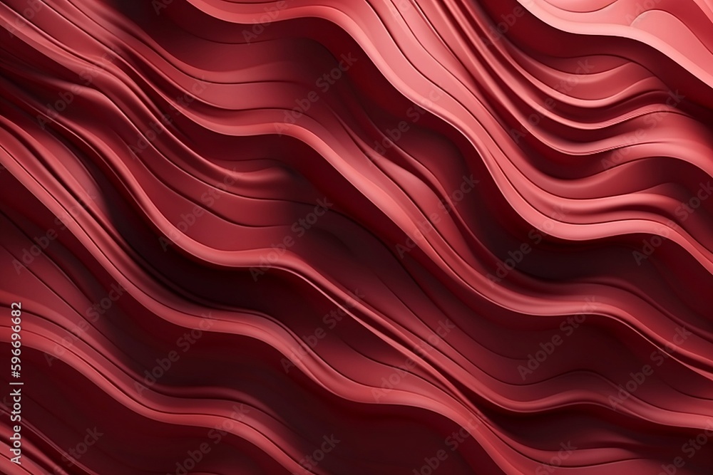 Abstract 3D illustration of a wavy pattern with light and shadow in red. Generative AI