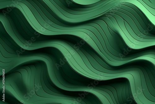 Abstract 3D illustration of a wavy pattern with light and shadow in green. Generative AI