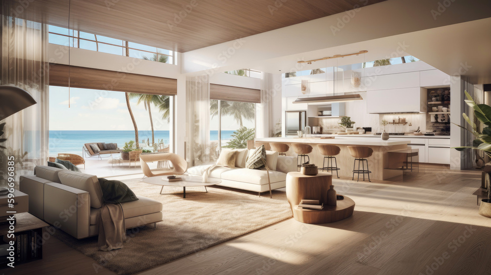 Airy and spacious beachfront villa interior with an open floor plan. Generative AI - obrazy, fototapety, plakaty 