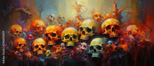 Surreal pile of nightmarish skulls and burning bones in hell, death and eternal damnation for the wicked and cruel souls - generative ai