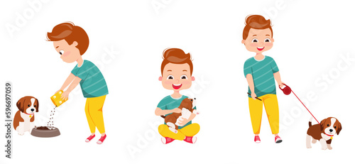 Set of characters. Boy with his beloved dog. Kids doing housework chores at home concept. Vector cartoon illustration 